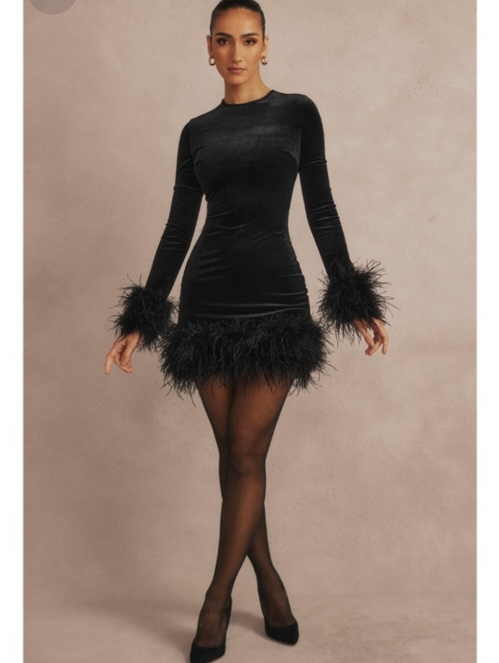 NWT House Of CB Lavinia Feather Trim Long Sleeve Velvet Minidress